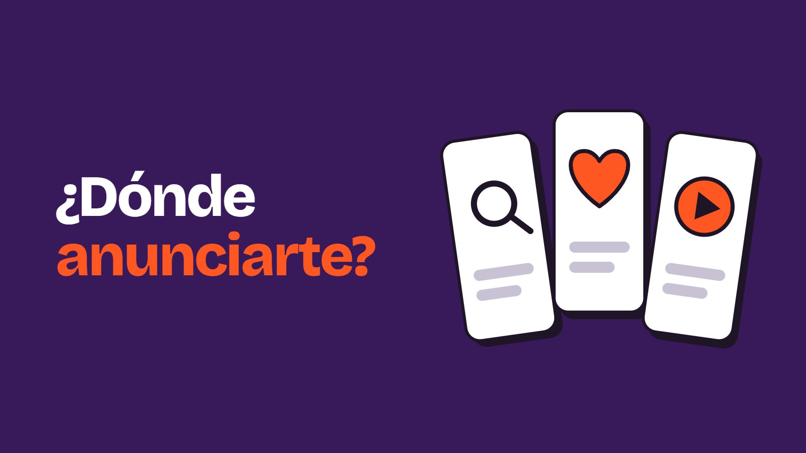 Ilustración de tres tarjetas de anuncio con iconos de búsqueda, corazón y vídeo